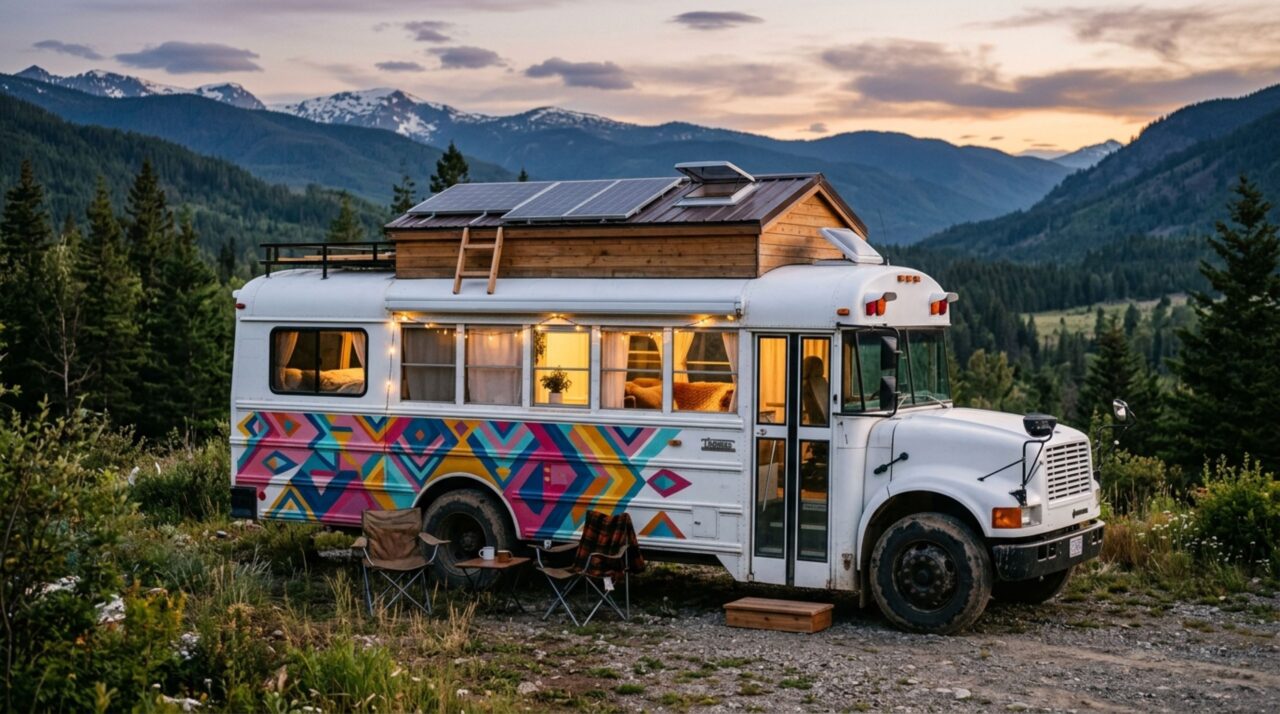 O casal que elevou em 51 cm o teto de um ônibus de 2001 e construiu uma casa colorida em oito meses
