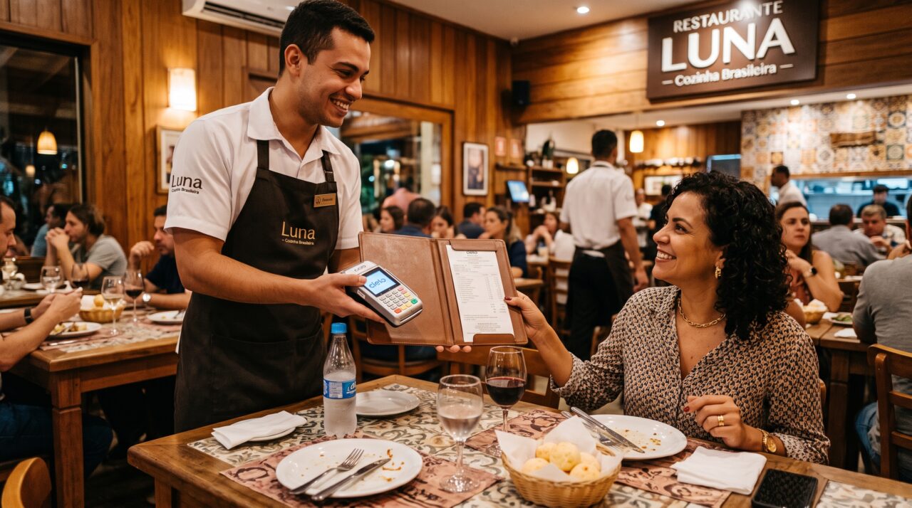 Obrigatoriedade e regras sobre o pagamento da taxa de 10% de gorjeta em restaurantes.