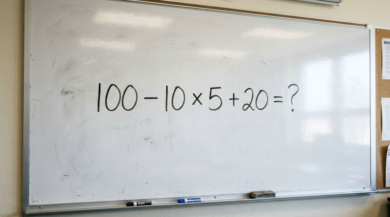 Quem resolve 100 − 10 × 5 + 20 da esquerda para a direita chega a 470, mas o resultado correto é outro