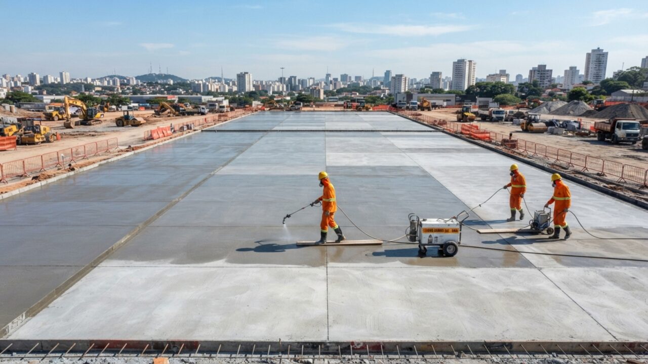 A técnica de cura do concreto que previne 90% das microtrincas no piso da garagem