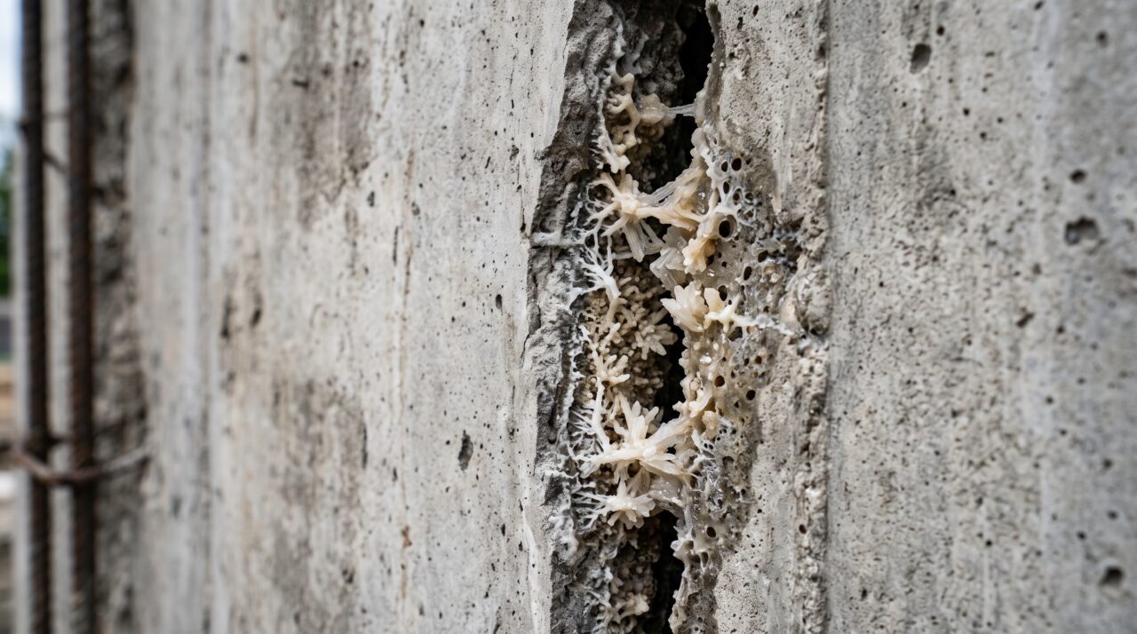 O funcionamento e os benefícios do bioconcreto que se cura sozinho.