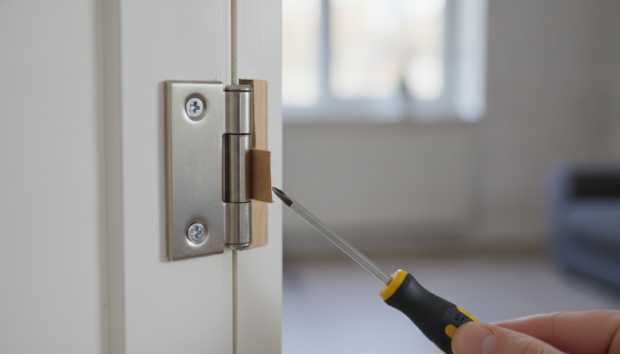 Porta raspando no chão tem conserto simples: o ajuste de dobradiça que qualquer um faz