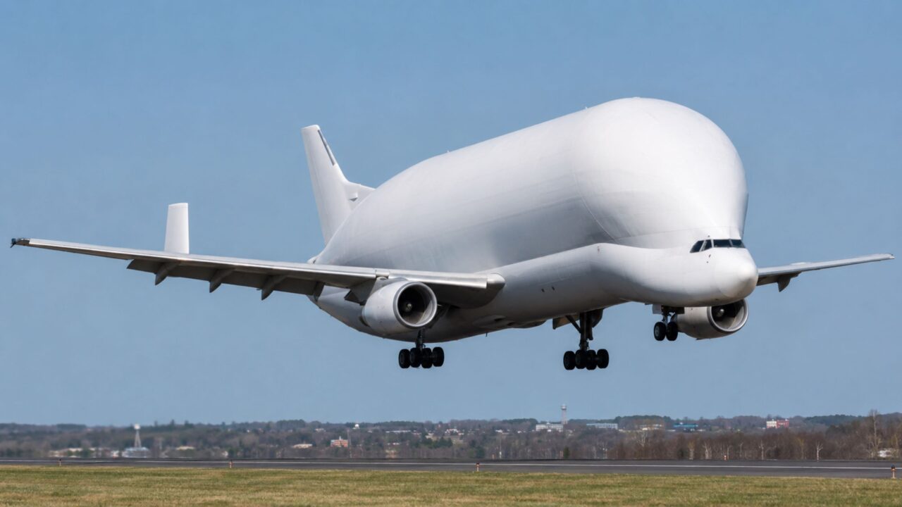 Com asas maiores que a largura de muitos campos de futebol, este cargueiro leva peças gigantes de aviões pelo céu