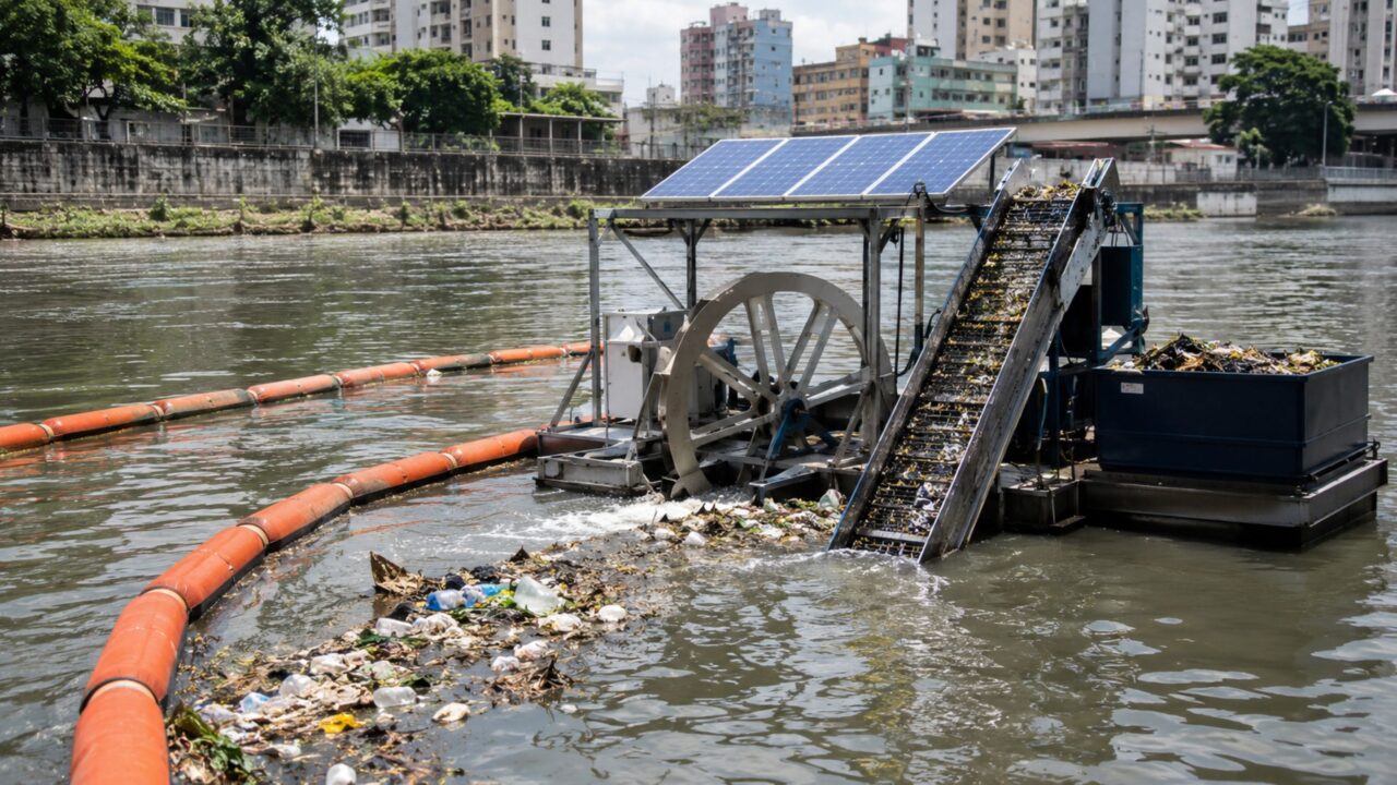 Máquina de olhos gigantes recolhe lixo dos rios