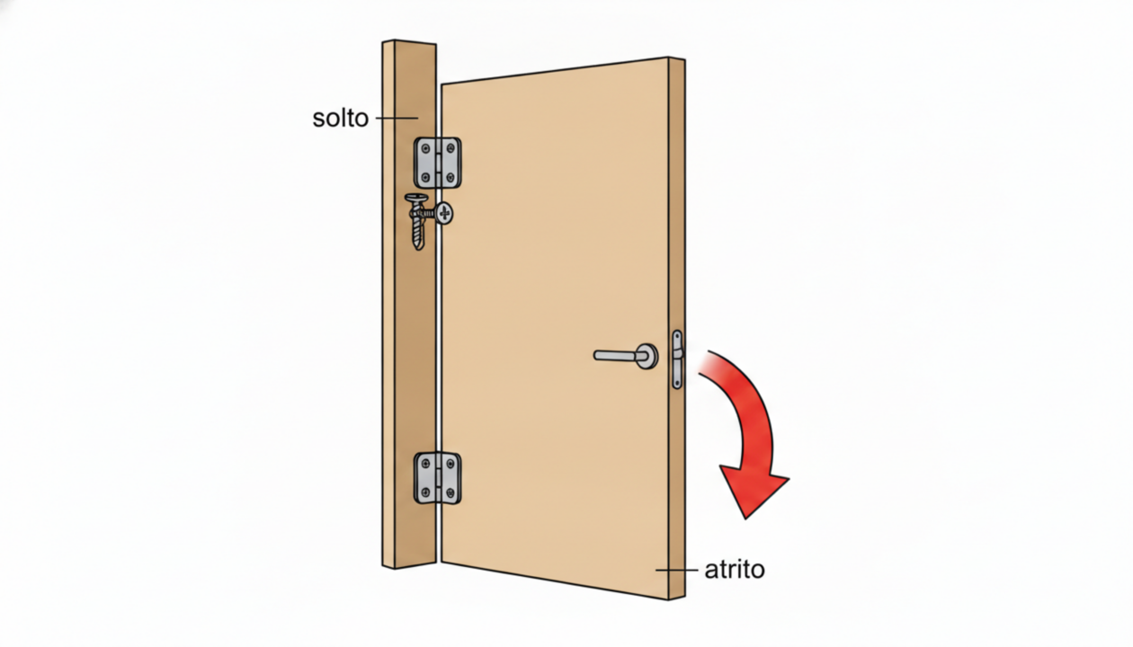 Porta raspando no chão tem conserto simples: o ajuste de dobradiça que qualquer um faz