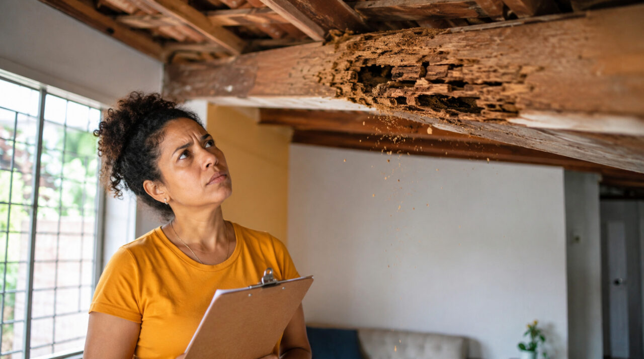 Locatária descobre cupim destruindo o telhado 14 meses depois de assinar o contrato e ouve da imobiliária que a vistoria de entrada, feita em 5 minutos, não cobre esse tipo de dano