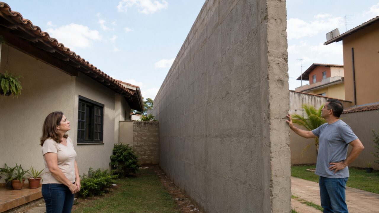Vizinho eleva muro para 4,2 metros e bloqueia a única janela responsável por iluminar a cozinha da casa ao lado