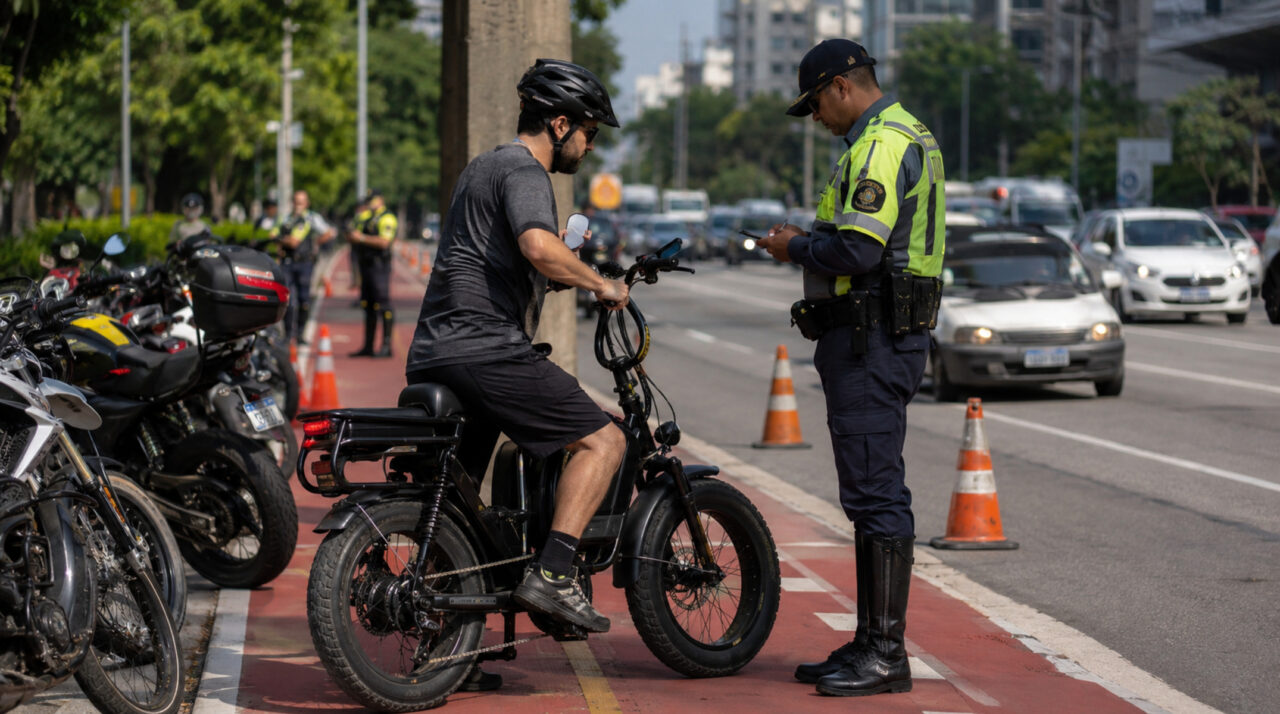 Ciclista é parado em blitz por dirigir bicicleta elétrica acima de 25 km/h sem CNH, e fiscalização explica quando o equipamento deixa de ser “bicicleta” para a lei