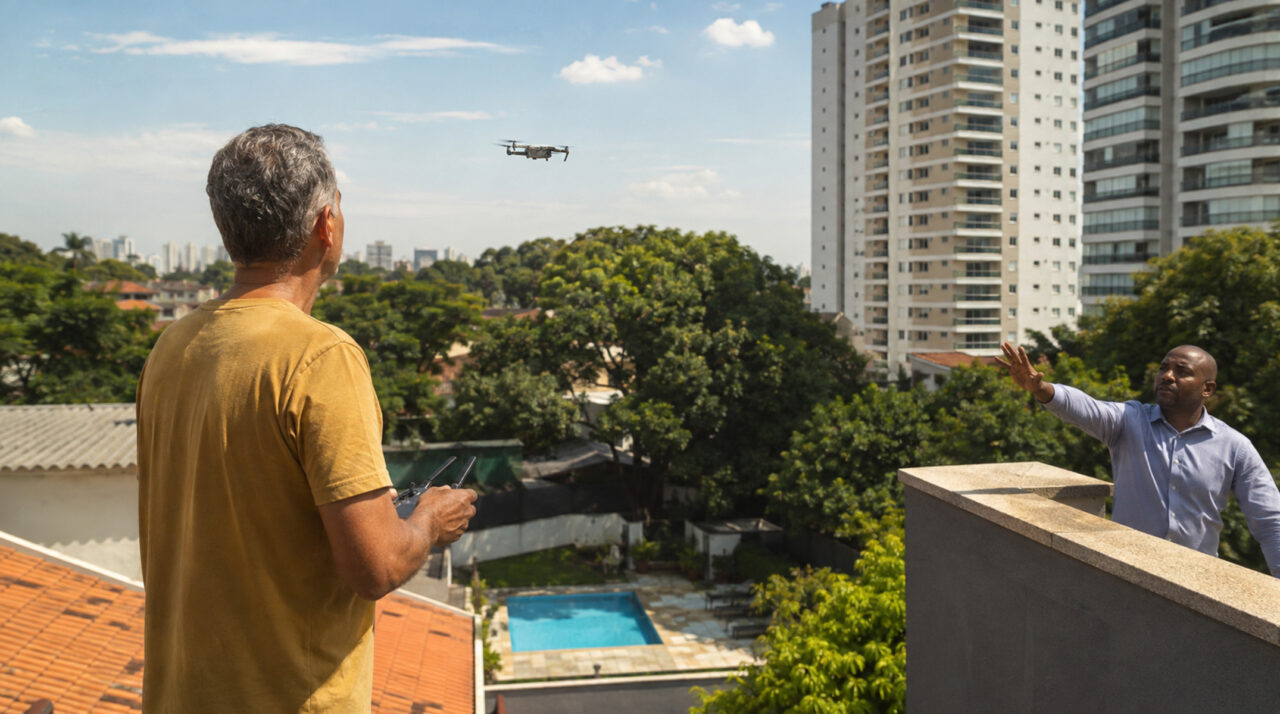 Síndico proíbe drone de morador usado para vistoriar o próprio telhado, alegando invasão de privacidade da piscina do prédio vizinho