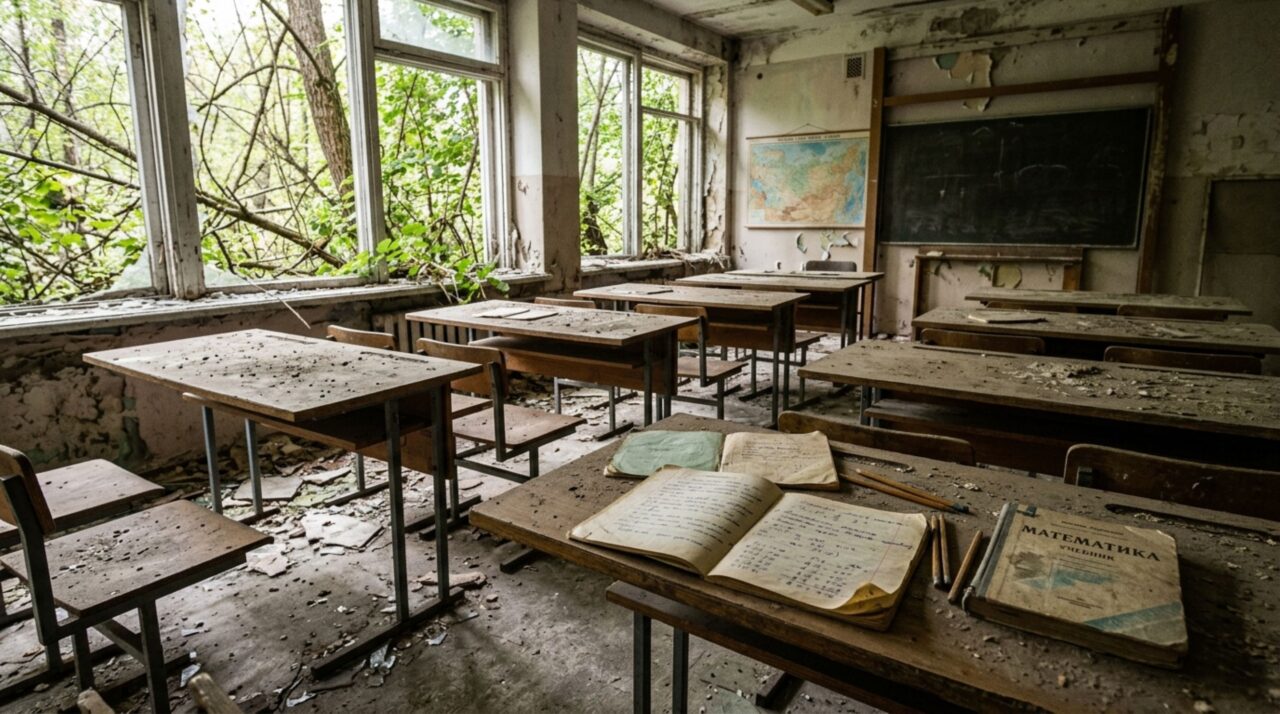 Objetos e cadernos abandonados em salas de aula mostram a rotina interrompida pela evacuação de 1986