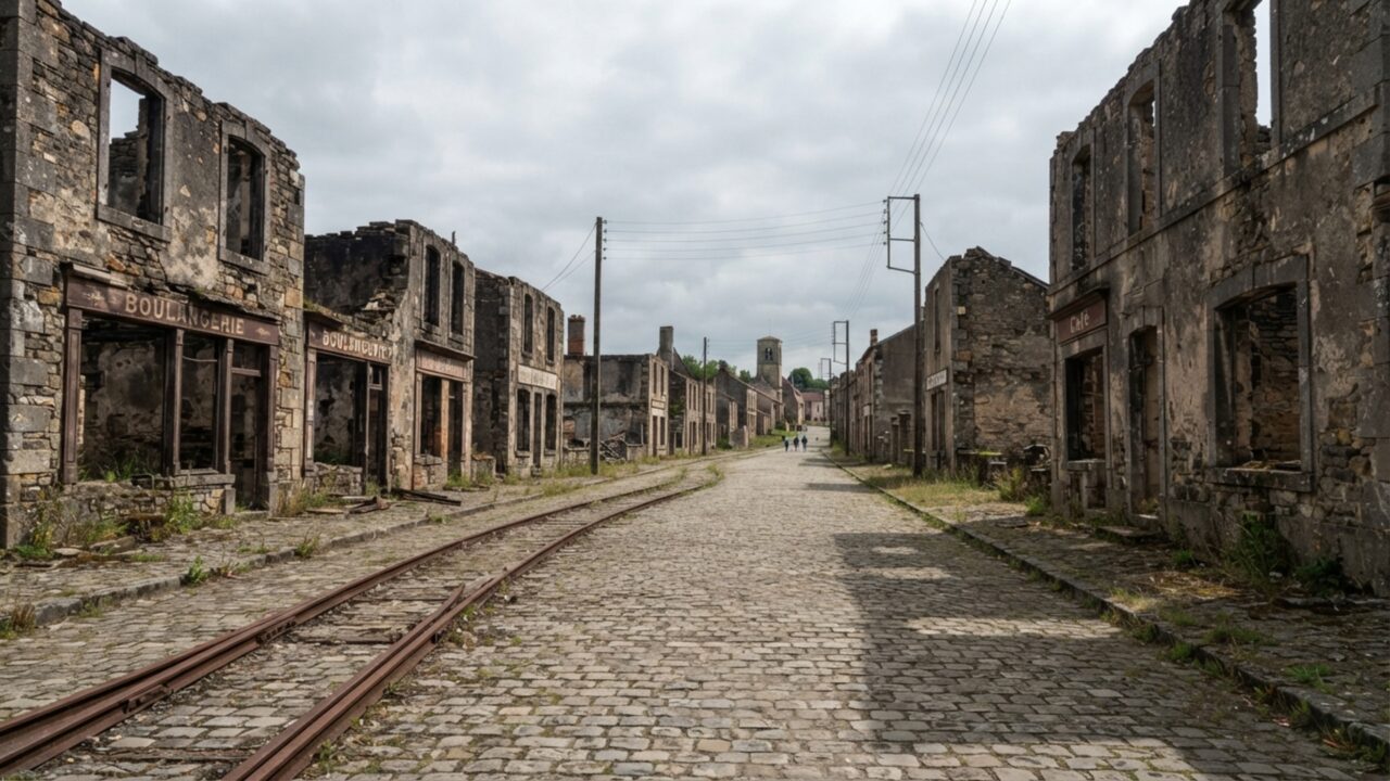 A França decidiu não reconstruir este vilarejo depois de 1944, deixando carros, fachadas e edifícios destruídos no lugar para que as próprias ruínas continuassem contando a história