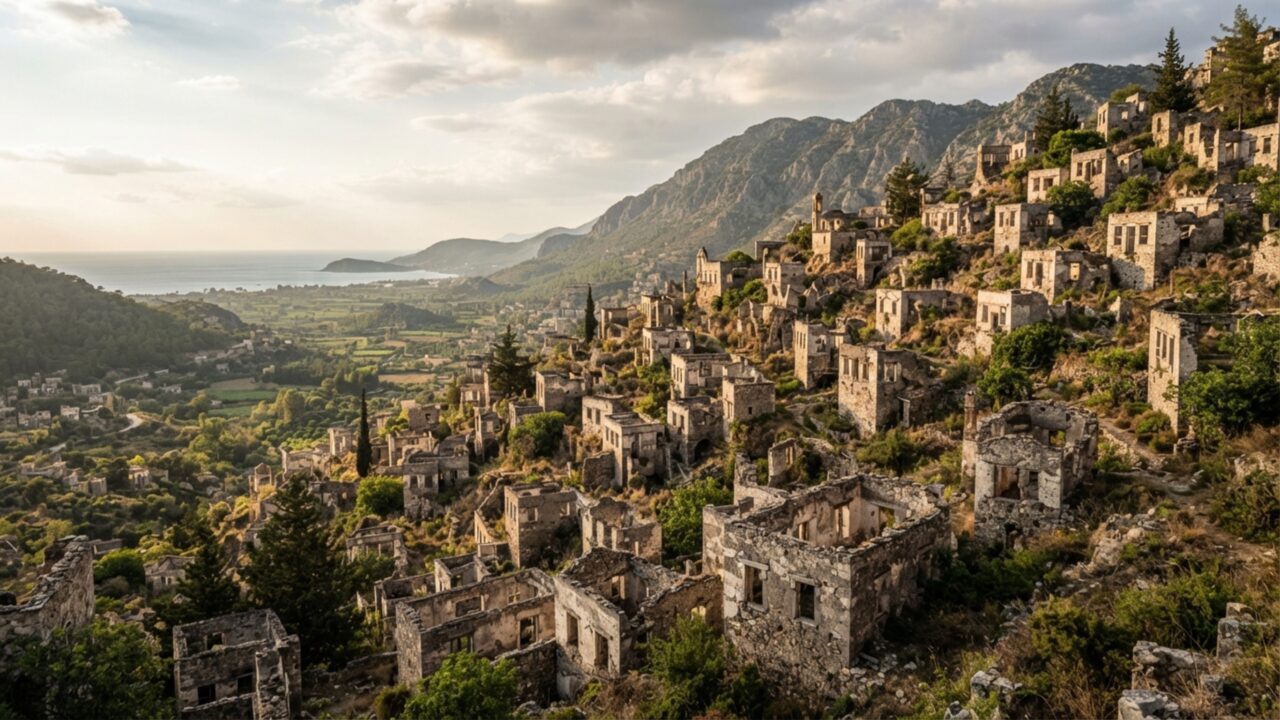 Quase mil casas de dois andares continuam vazias nesta encosta da Turquia depois que uma troca de populações fez uma comunidade inteira deixar o vilarejo