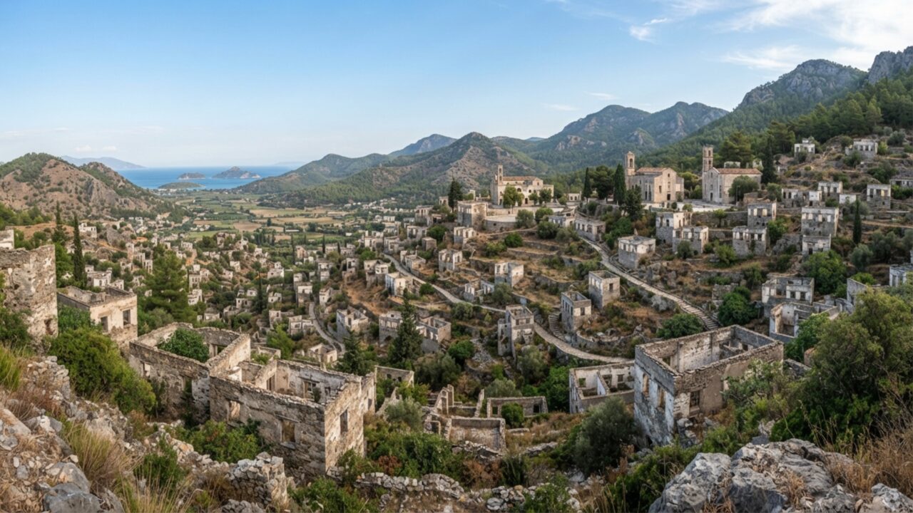 Quase mil casas de dois andares continuam vazias nesta encosta da Turquia depois que uma troca de populações fez uma comunidade inteira deixar o vilarejo