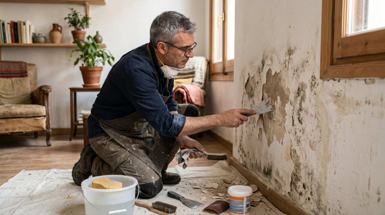 Abel de González, designer de interiores espanhol Para reparar uma parede afetada pela umidade, a primeira coisa que vamos fazer é limpá-la