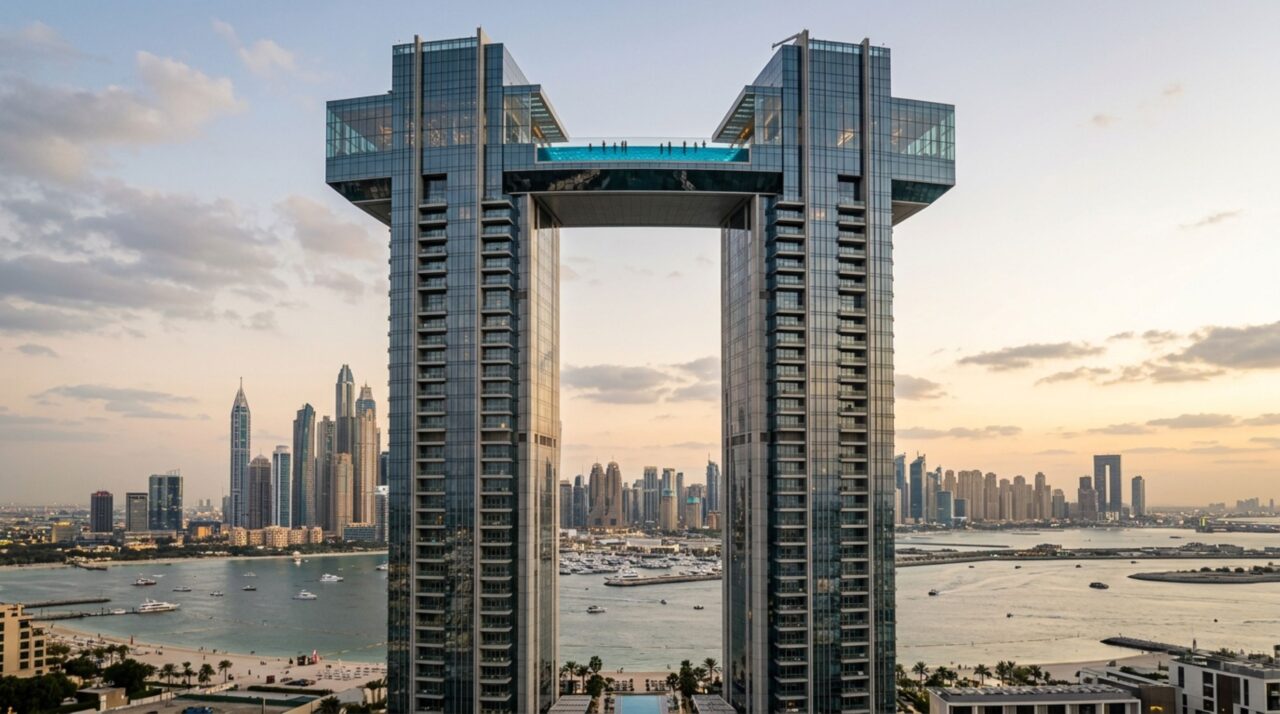 A piscina infinita de quase 95 metros suspensa a 294 metros entre duas torres de luxo em Dubai