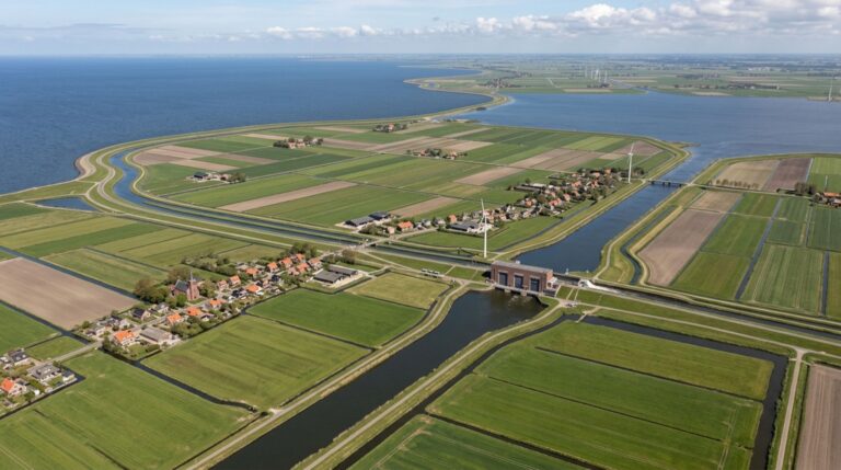 Os polders holandeses permanecem habitáveis porque diques, canais e estações de bombeamento mantêm a água interna em um nível artificialmente controlado