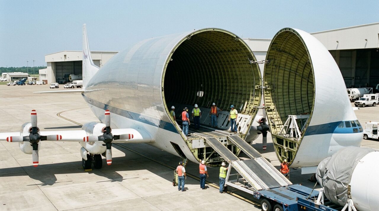 Construído com uma fuselagem tão larga que parece desproporcional às próprias asas, este avião cargueiro consegue abrir a parte dianteira do corpo para receber peças de foguetes e equipamentos que não caberiam em aeronaves convencionais