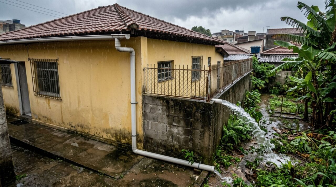 Família passa dias fora e, ao voltar, encontra cobertura nova apoiada sobre o muro da divisa e água da chuva escorrendo para seu quintal