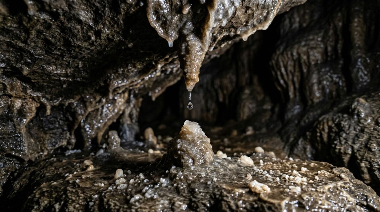Estalactites e estalagmites das cavernas de Madagascar crescem lentamente quando a água deposita carbonato de cálcio no teto e no piso das galerias