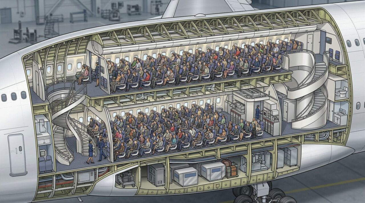 A imagem destaca como o Airbus A380 distribui passageiros em dois pavimentos praticamente ao longo de toda a fuselagem, aproveitando cerca de 550 m² de área interna para cabine