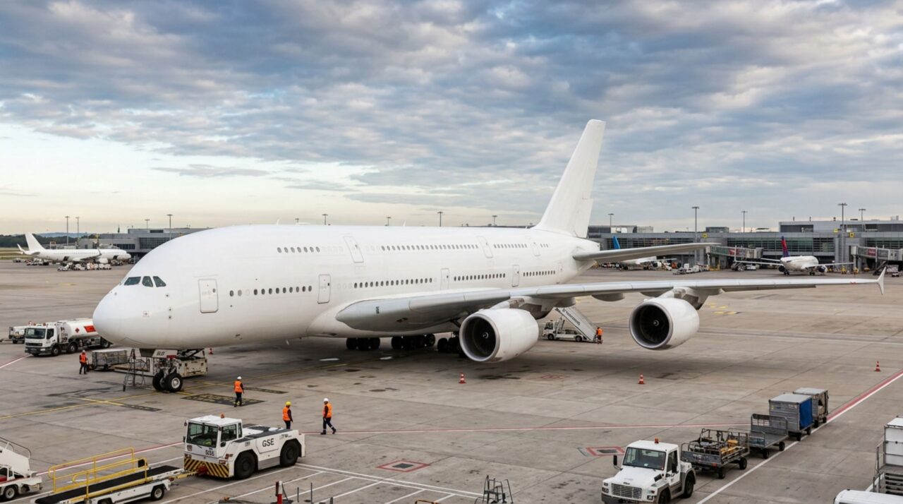 Com quase 80 metros de envergadura e dois andares completos para passageiros, este avião pode transportar mais de 850 pessoas e possui uma área interna comparável à de vários apartamentos reunidos