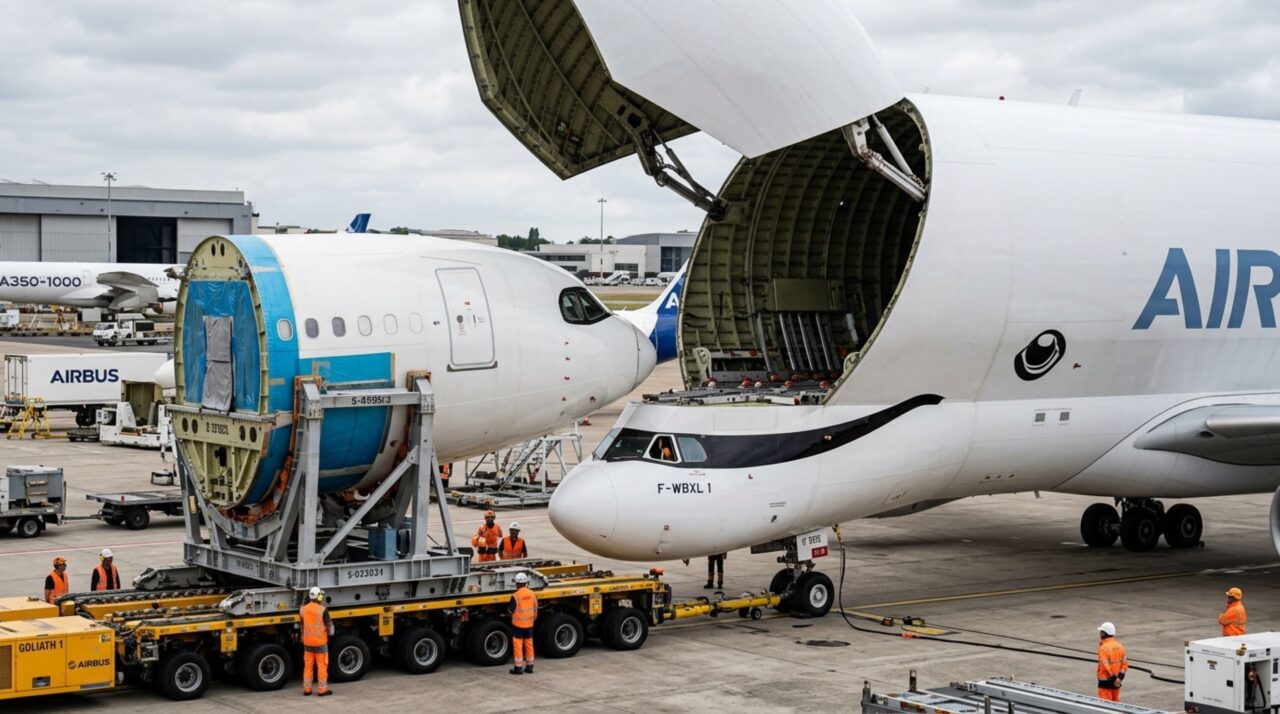 A cabine rebaixada do BelugaXL permite que sua enorme porta frontal fique alinhada ao compartimento de carga e receba peças que não caberiam em cargueiros convencionais