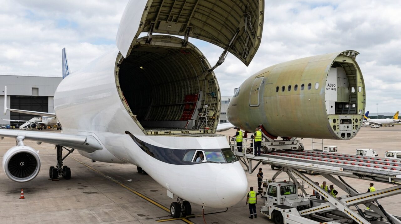 No Airbus BelugaXL, o cockpit rebaixado libera toda a parte superior da fuselagem para a entrada de asas e grandes seções de outros aviões