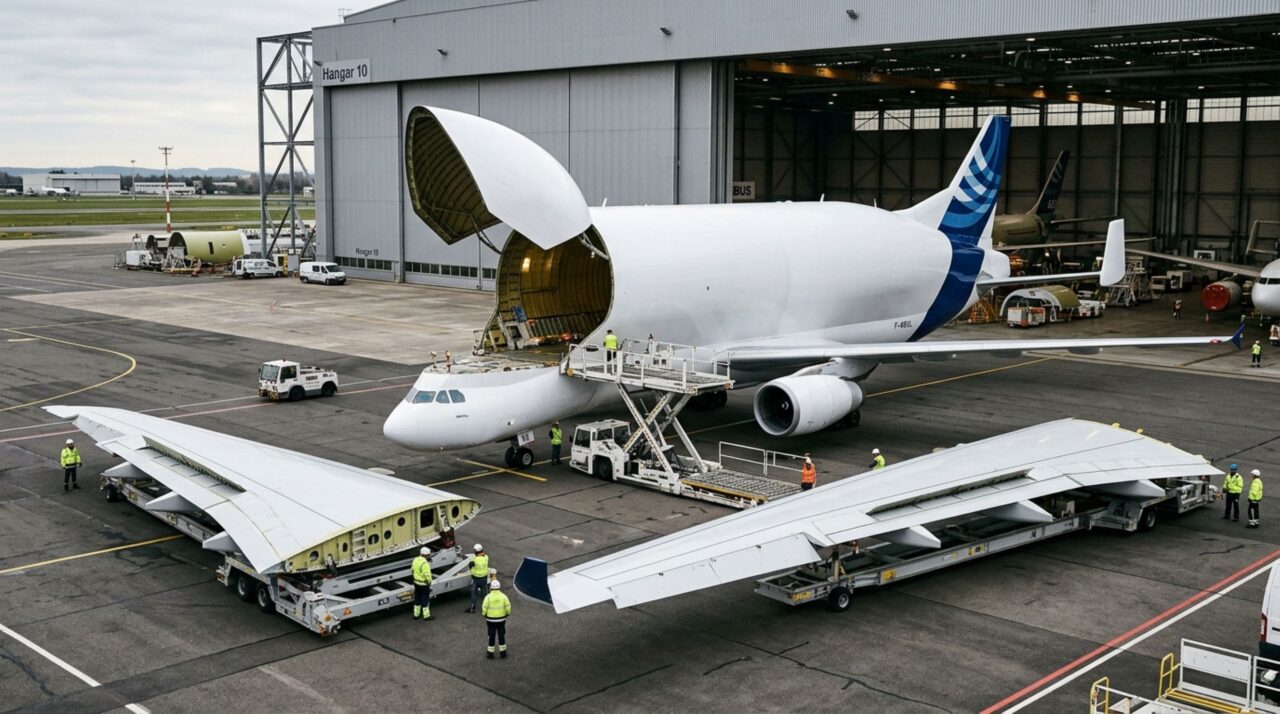 Com uma fuselagem larga o suficiente para transportar cargas que simplesmente não passam pelas portas de aviões convencionais, esta aeronave foi construída com uma enorme seção frontal capaz de se abrir para receber peças gigantescas de outros aviões