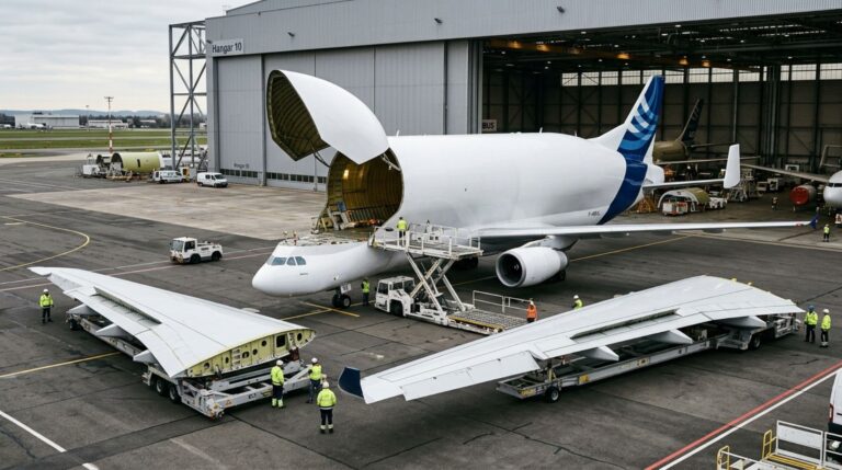 O Airbus BelugaXL foi projetado para transportar componentes gigantes de outras aeronaves, incluindo duas asas do A350 em uma única viagem