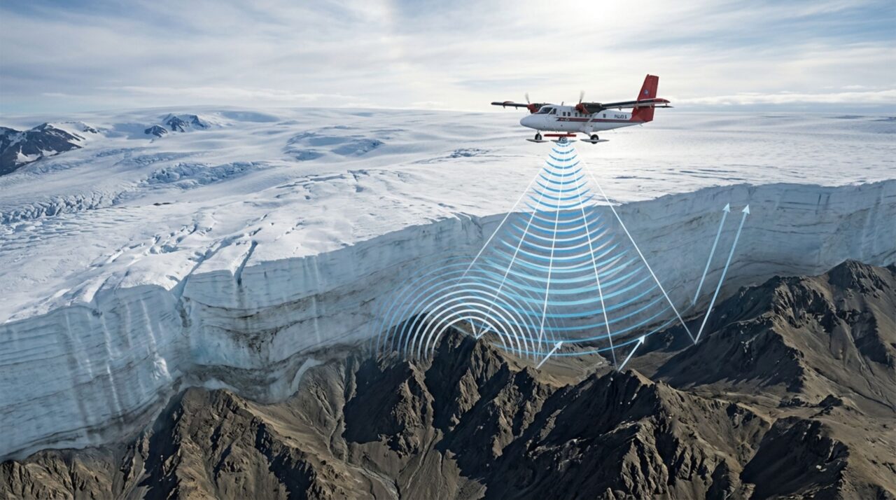 O radar aerotransportado atravessa o gelo e permite reconstruir a altitude de picos, cristas e vales escondidos nas Montanhas Gamburtsev