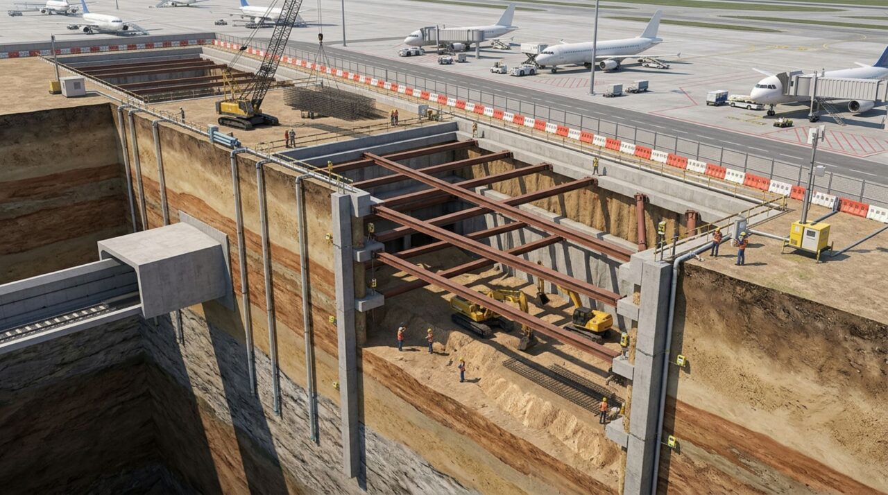 No Baiyun Airport T3, contenções profundas, tuneladoras e monitoramento do terreno permitiram construir ferrovias sob áreas sensíveis do aeroporto