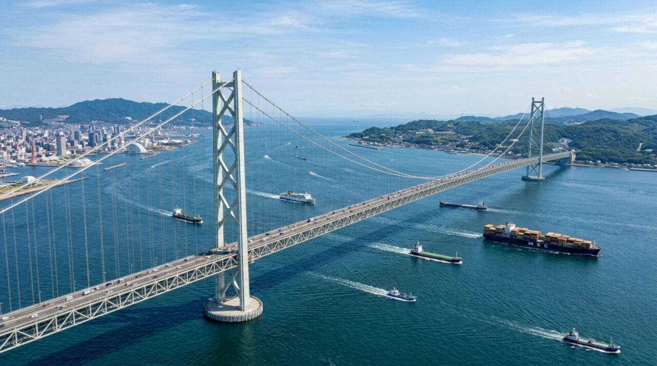 Suspensa por cabos gigantescos e com um vão central de quase 2 quilômetros, esta ponte precisou ser projetada para suportar terremotos, ventos violentos e a passagem constante de navios em uma das rotas marítimas mais movimentadas da Ásia