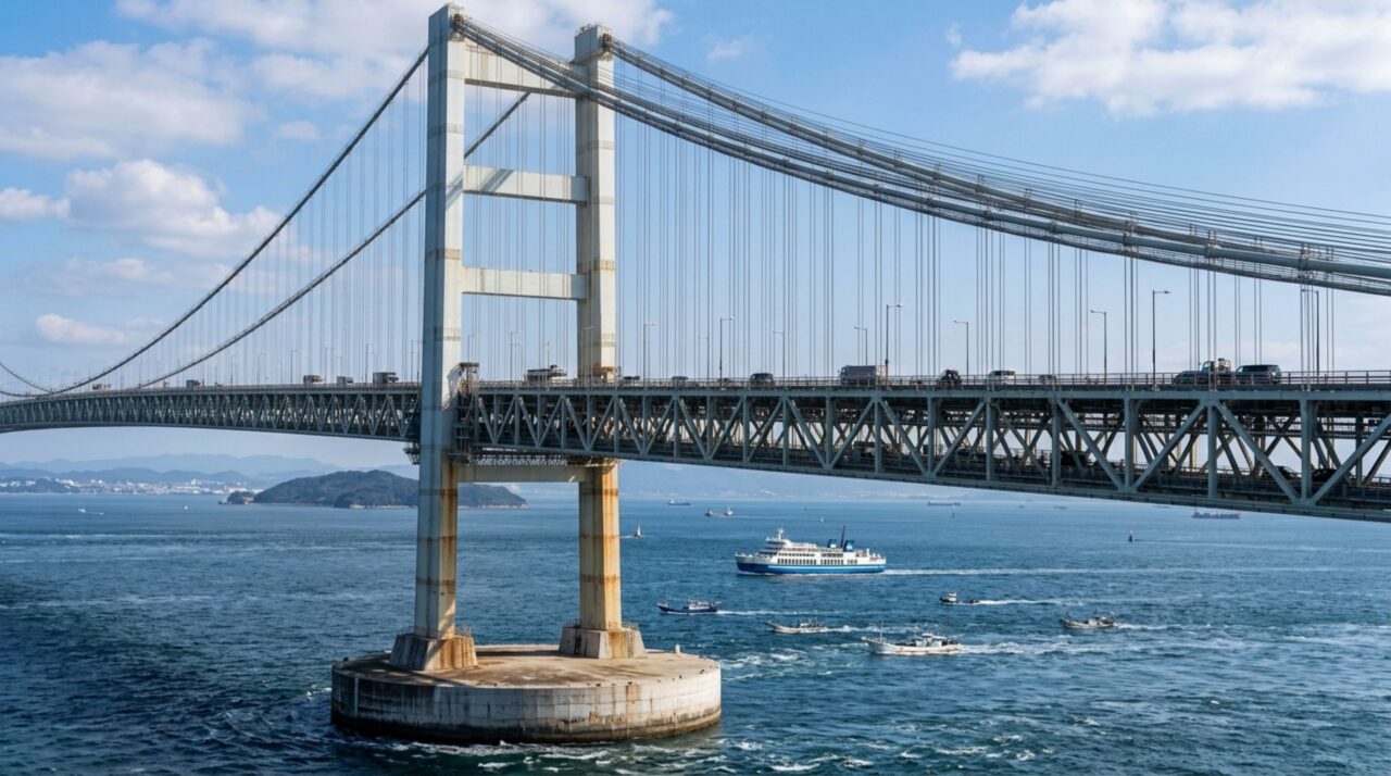 A imagem destaca como torres, cabos principais, pendurais e fundações marítimas trabalham juntos para sustentar o gigantesco vão suspenso da Ponte Akashi Kaikyo