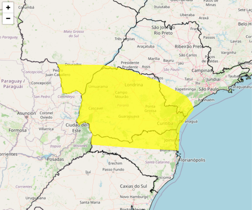 Alerta Inmet para forte tempestade em cidades do Paraná, Santa Catarina, Mato Grosso do Sul e São Paulo neste domingo, 09