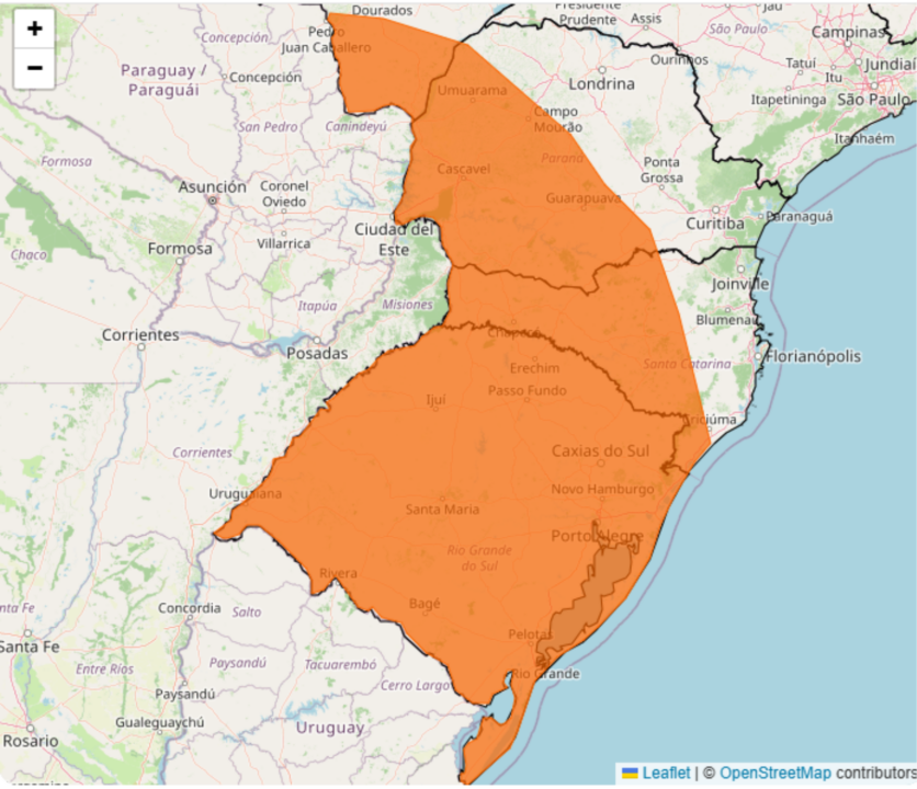Alerta de tempestade extrema com ventania extrema e queda de granizo em várias regiões do Brasil no dia 06