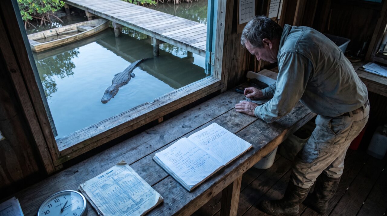 Trabalhando sozinho numa estação de pesquisa junto ao manguezal, técnico passa seis semanas encontrando o mesmo jacaré parado diante da passarela pouco antes do amanhecer, até descobrir que o animal seguia a maré por um canal estreito e usava a sombra de um barco virado como ponto de descanso