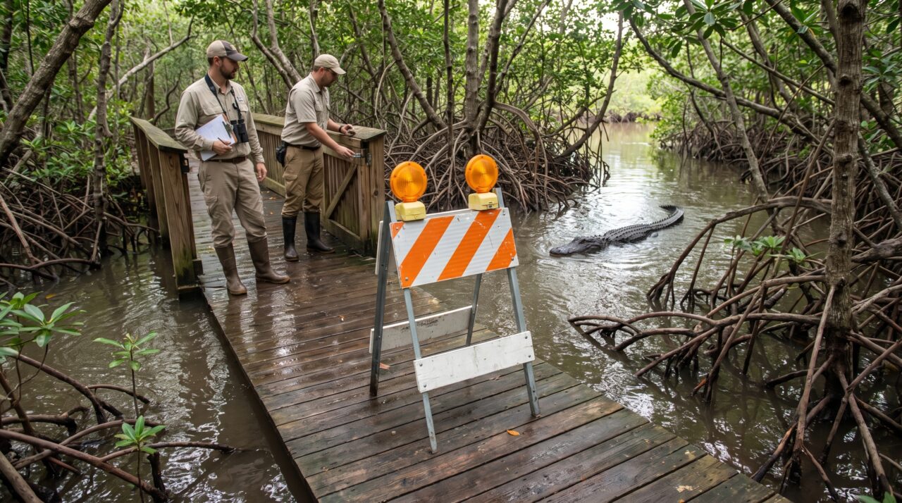 Trabalhando sozinho numa estação de pesquisa junto ao manguezal, técnico passa seis semanas encontrando o mesmo jacaré parado diante da passarela pouco antes do amanhecer, até descobrir que o animal seguia a maré por um canal estreito e usava a sombra de um barco virado como ponto de descanso