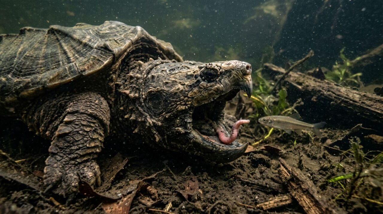 A isca lingual da Macrochelys temminckii imita um pequeno verme enquanto a tartaruga espera imóvel pela aproximação da presa