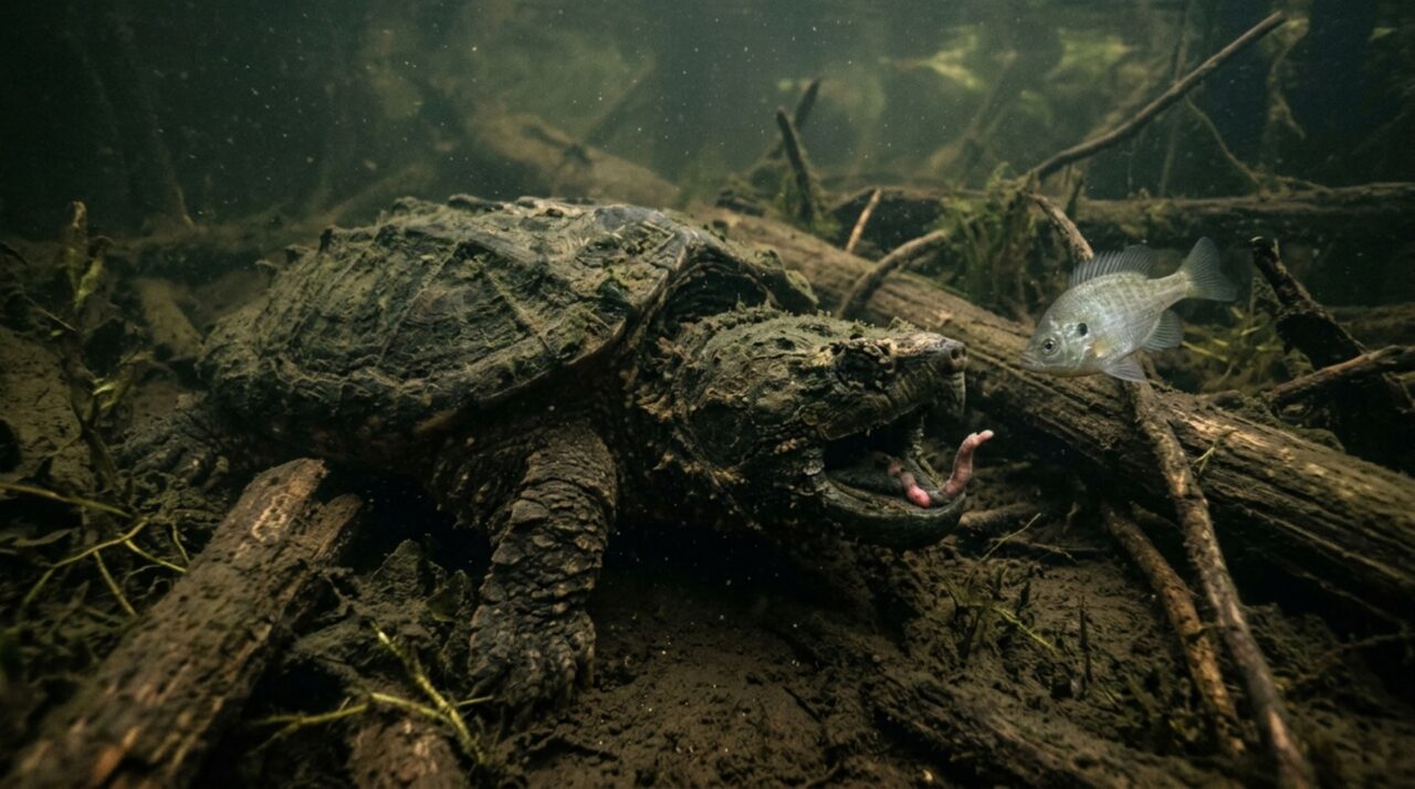 Escondida sob folhas e lama no fundo de rios, esta tartaruga pode permanecer praticamente imóvel antes de atrair um peixe para perto e atacar sem precisar persegui-lo