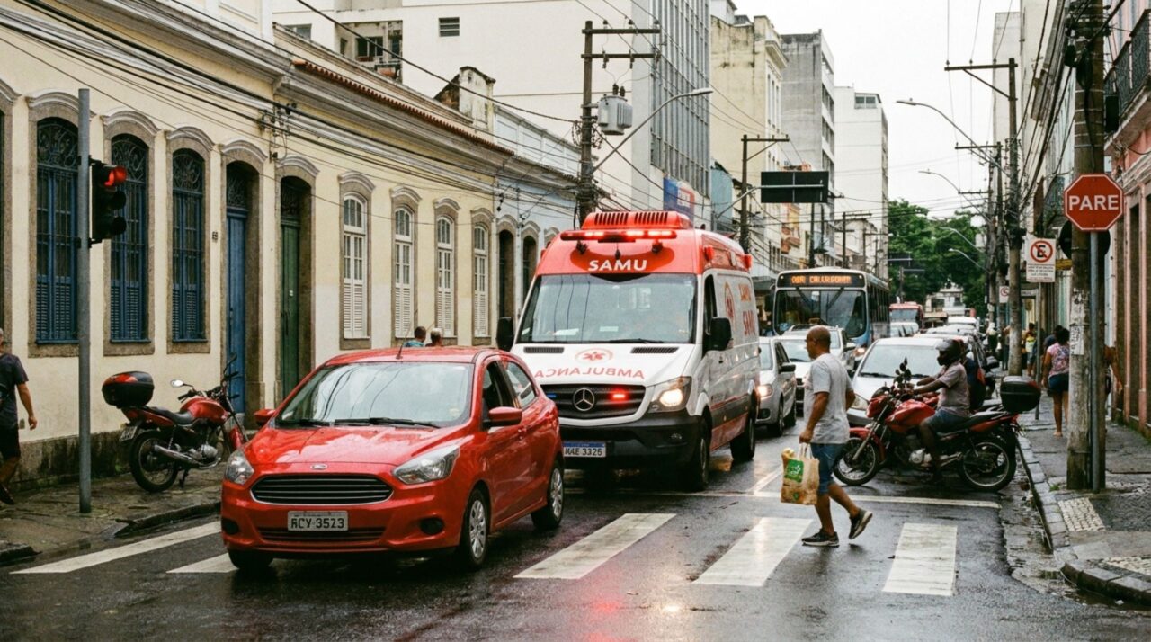 Motorista está parado no semáforo quando ambulância se aproxima com sirene ligada, condutor fica sem saber como abrir passagem e teme cometer outra infração ao invadir faixa de pedestres ou calçada, CTB explica o dever específico nessas situações