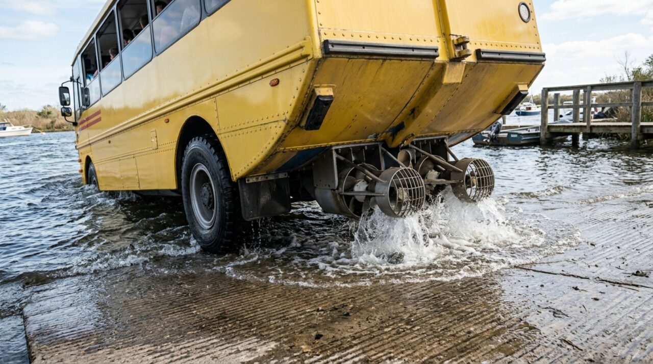 Na rampa, o casco estanque assume a flutuação do ônibus anfíbio e a propulsão aquática passa a comandar o deslocamento na água
