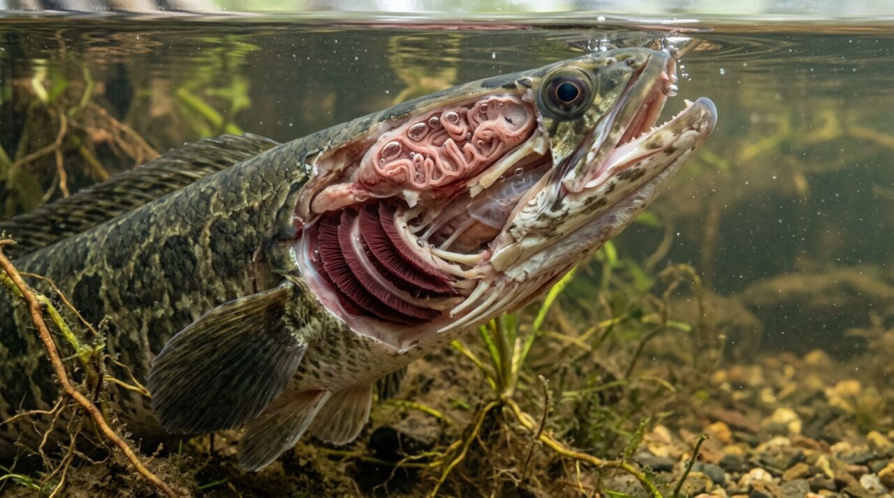 A câmara suprabranquial do peixe-cabeça-de-cobra-do-norte (Channa argus) permite aproveitar o oxigênio do ar além daquele obtido diretamente pela água