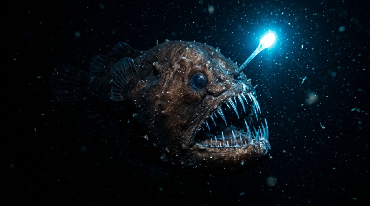 O peixe alienígena que habita a escuridão absoluta do oceano e usa uma lanterna acoplada na cabeça para atrair suas presas