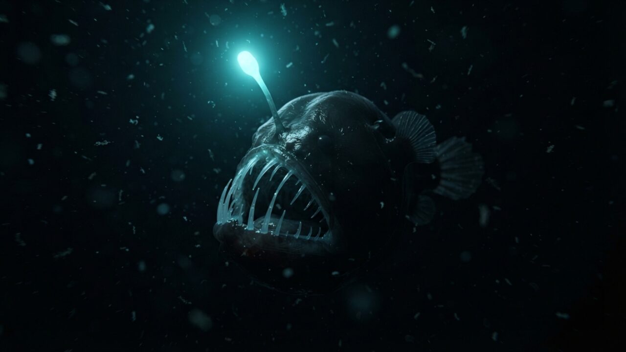 Este peixe vive no escuro com uma vara luminosa na cabeça e usa bactérias para acender a própria armadilha