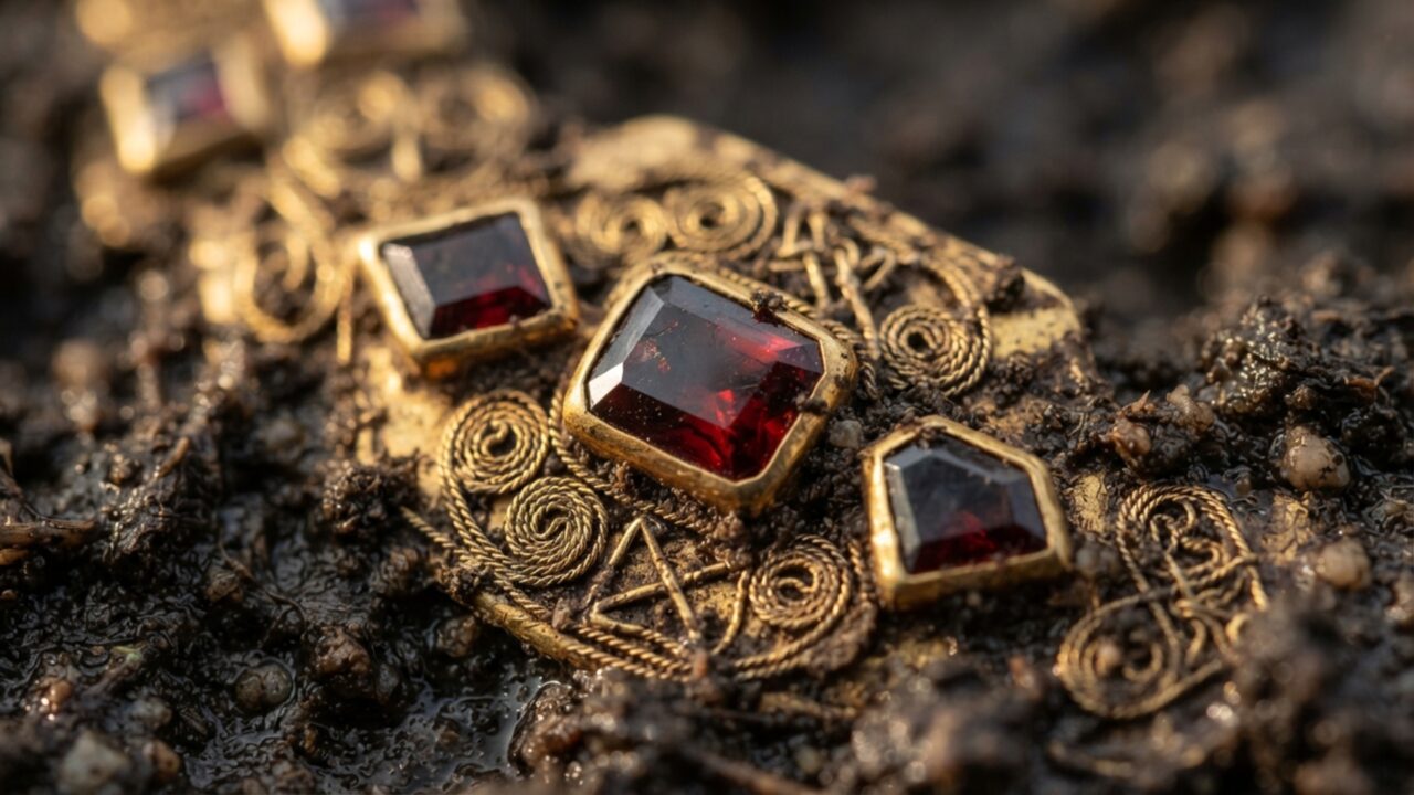 Fazendeiro passa o arado por um terreno e espalha sem perceber centenas de objetos enterrados, até um detectorista encontrar ouro e revelar um dos maiores tesouros anglo-saxões já descobertos