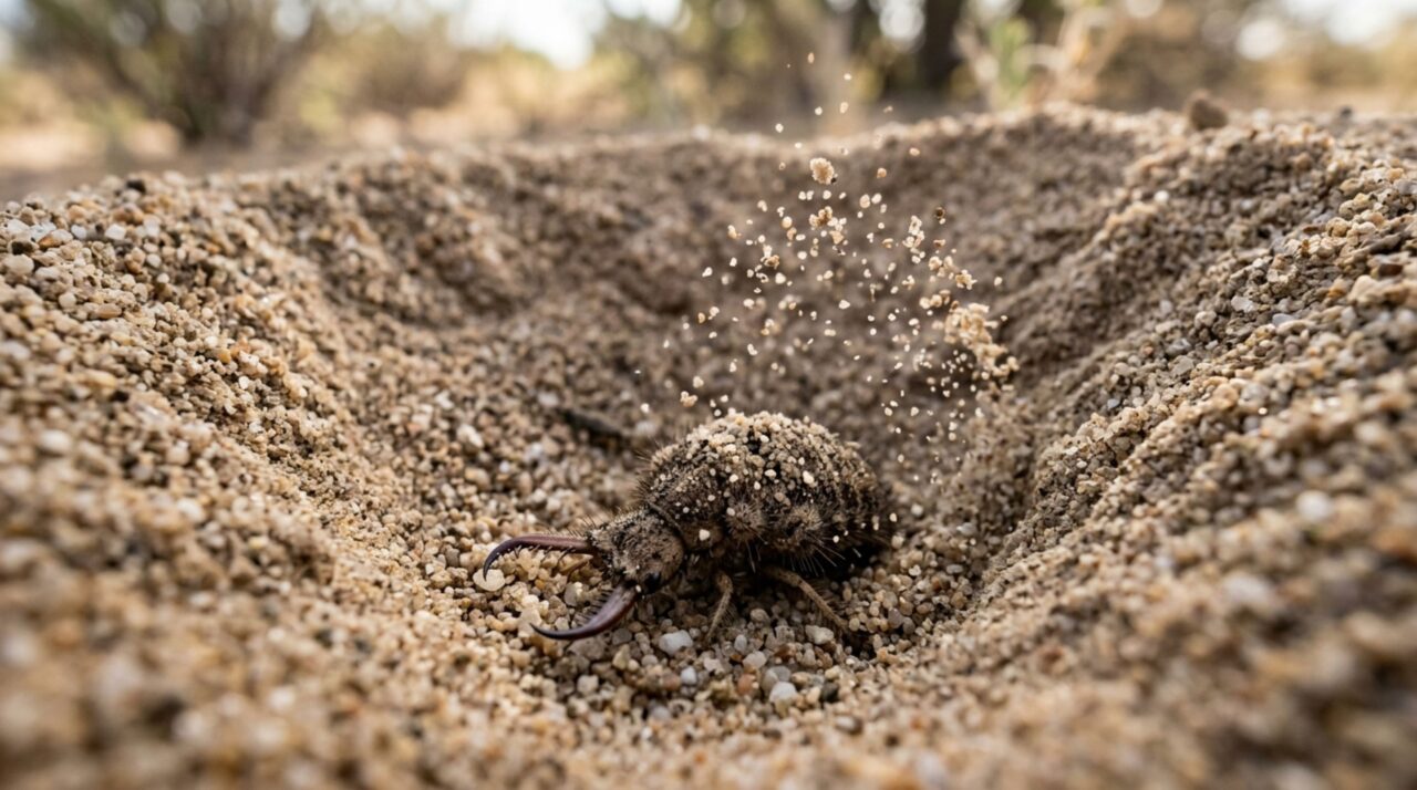 A larva da formiga-leão oculta no fundo do funil aguardando suas presas