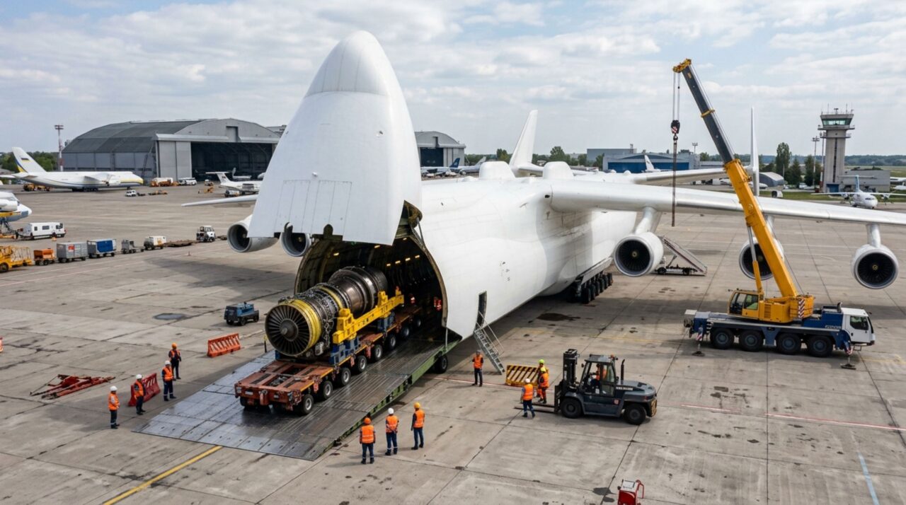 A imagem destaca como o Antonov An-225 utilizava o compartimento frontal e a rampa de acesso para receber cargas industriais gigantescas que dificilmente caberiam em outras aeronaves