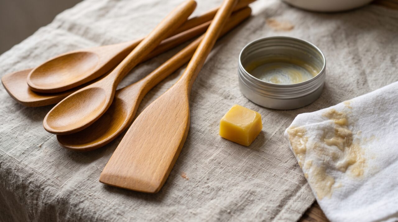 Benefícios e uso da cera de abelha natural para impermeabilizar e proteger tábuas e colheres de pau.