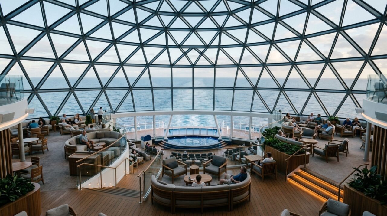 Cúpula de vidro na proa combina vista panorâmica e arquitetura tecnológica