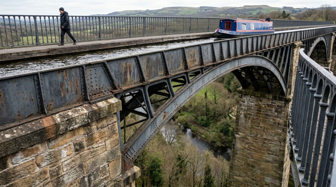 Placas de ferro fundido, nervuras arqueadas e pilares de alvenaria trabalham juntos para sustentar a calha navegável do Aqueduto de Pontcysyllte